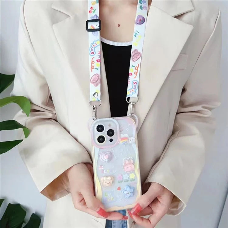 For iPhone 15 Pro Case Bear Flower Pattern PC+TPU Phone Cover with Adjustable Lanyard
