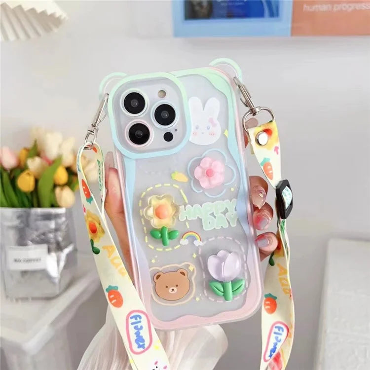 For iPhone 15 Pro Case Bear Flower Pattern PC+TPU Phone Cover with Adjustable Lanyard