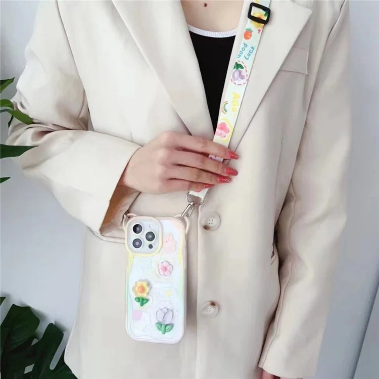 For iPhone 15 Pro Case Bear Flower Pattern PC+TPU Phone Cover with Adjustable Lanyard