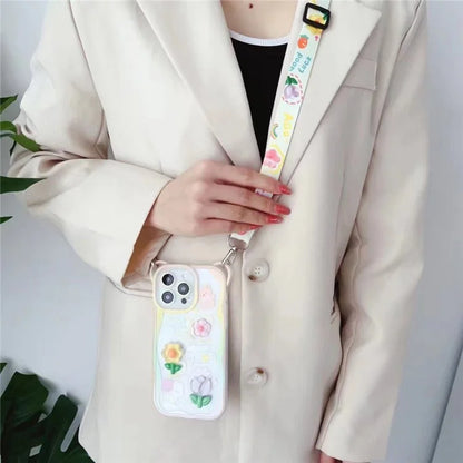 For iPhone 15 Pro Case Bear Flower Pattern PC+TPU Phone Cover with Adjustable Lanyard