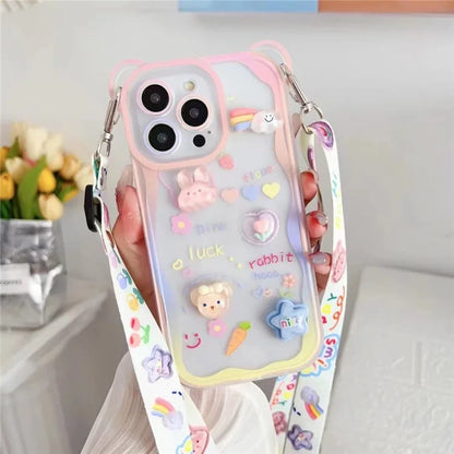 For iPhone 15 Pro Case Bear Flower Pattern PC+TPU Phone Cover with Adjustable Lanyard