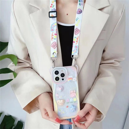 For iPhone 15 Pro Case Bear Flower Pattern PC+TPU Phone Cover with Adjustable Lanyard