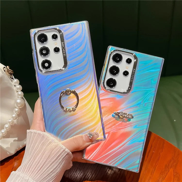 For Samsung Galaxy S22 Ultra 5G Phone Case IMD Leser Electroplated PC+TPU Cover with Ring Kickstand