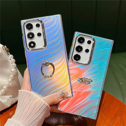 For Samsung Galaxy S22 Ultra 5G Phone Case IMD Leser Electroplated PC+TPU Cover with Ring Kickstand