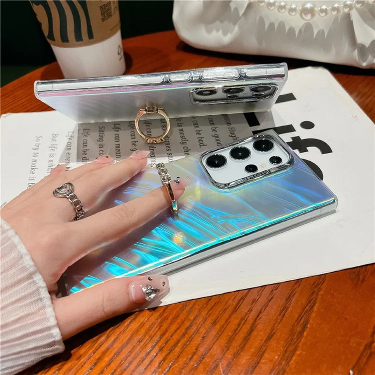 For Samsung Galaxy S22 Ultra 5G Phone Case IMD Leser Electroplated PC+TPU Cover with Ring Kickstand