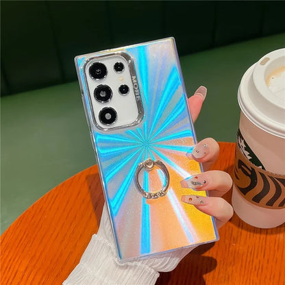 For Samsung Galaxy S22 Ultra 5G Phone Case IMD Leser Electroplated PC+TPU Cover with Ring Kickstand