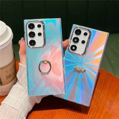 For Samsung Galaxy S22 Ultra 5G Phone Case IMD Leser Electroplated PC+TPU Cover with Ring Kickstand