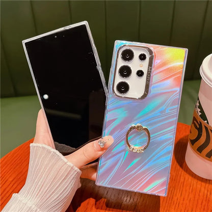 For Samsung Galaxy S22 Ultra 5G Phone Case IMD Leser Electroplated PC+TPU Cover with Ring Kickstand