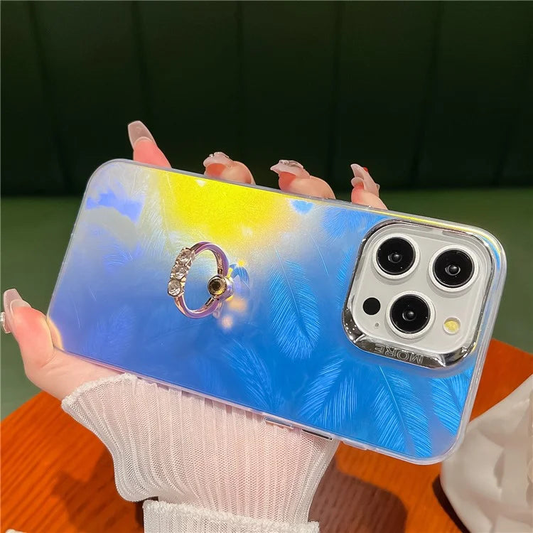 For iPhone 15 Pro IMD Electroplating Phone Case Ring Kickstand Matte PC+TPU Cover