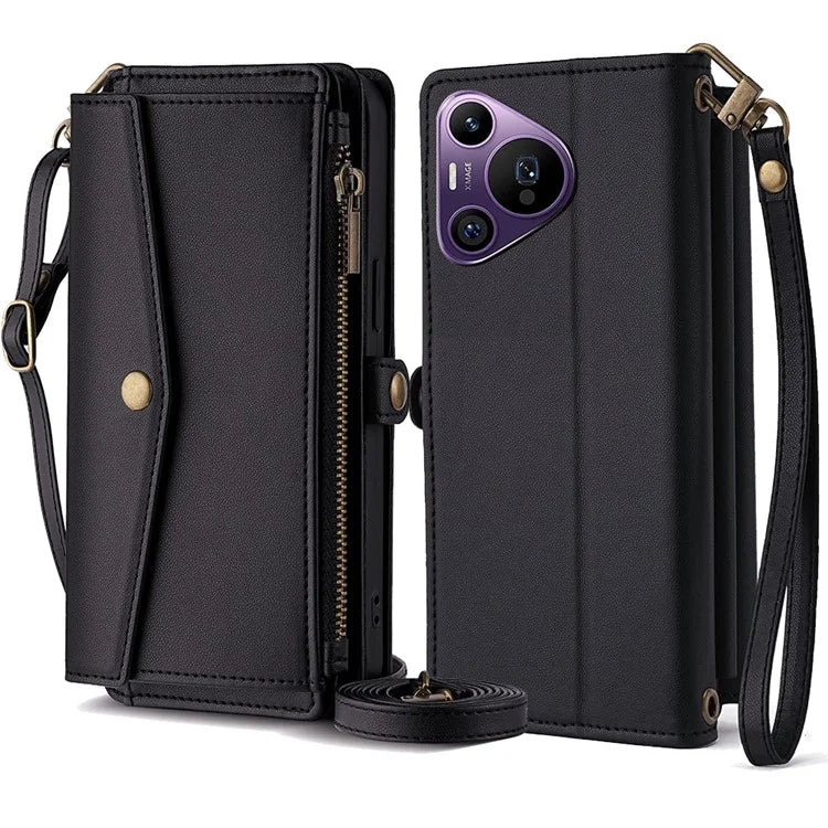 For Huawei Pura 70 Pro / Pura 70 Pro+ Case Card Slots Zipper Purse PU Leather Phone Cover with Shoulder Strap