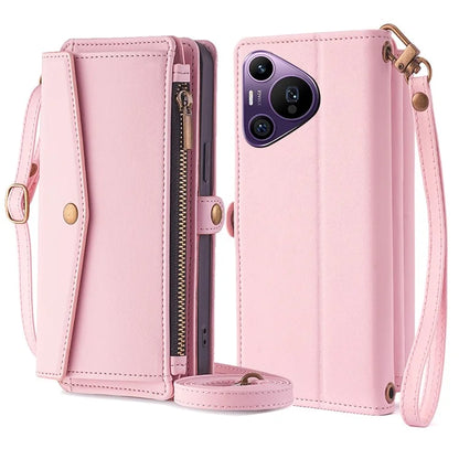 For Huawei Pura 70 Pro / Pura 70 Pro+ Case Card Slots Zipper Purse PU Leather Phone Cover with Shoulder Strap