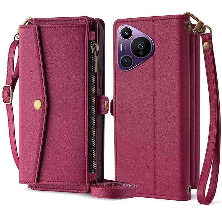 For Huawei Pura 70 Pro / Pura 70 Pro+ Case Card Slots Zipper Purse PU Leather Phone Cover with Shoulder Strap