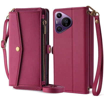 For Huawei Pura 70 Pro / Pura 70 Pro+ Case Card Slots Zipper Purse PU Leather Phone Cover with Shoulder Strap