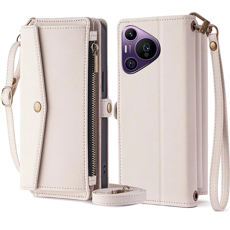For Huawei Pura 70 Pro / Pura 70 Pro+ Case Card Slots Zipper Purse PU Leather Phone Cover with Shoulder Strap