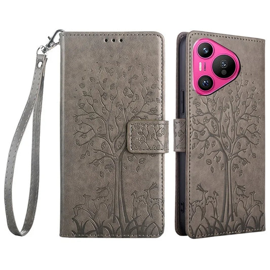 For Huawei Pura 70 Case PU Leather Wallet Phone Cover Tree Deer Imprinted