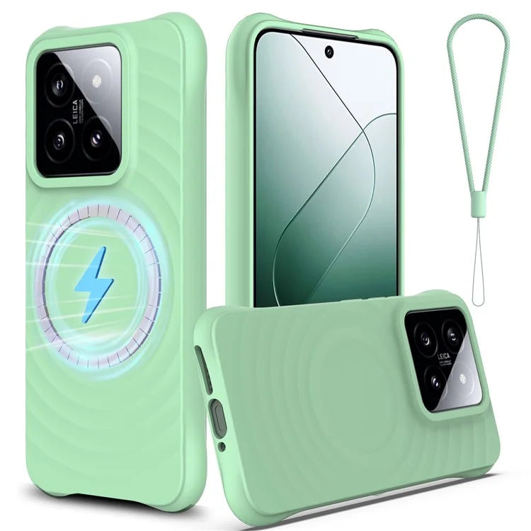 For Xiaomi 14 Case Compatible with MagSafe Ripple Texture Liquid Silicone Protective Cover with Strap