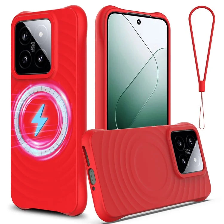 For Xiaomi 14 Case Compatible with MagSafe Ripple Texture Liquid Silicone Protective Cover with Strap