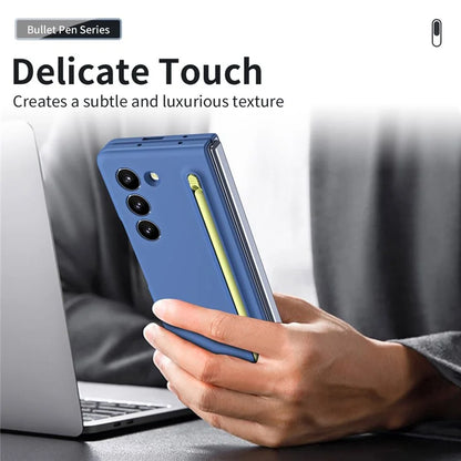 For Galaxy Z Fold6 5G Case Skin-Touch Hard PC Phone Cover with Tempered Glass Film and Stylus