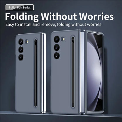 For Galaxy Z Fold6 5G Case Skin-Touch Hard PC Phone Cover with Tempered Glass Film and Stylus