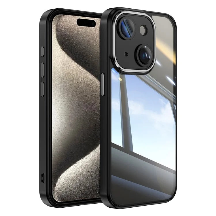 For iPhone 15 Case TPU+Acrylic Camera Protection Metal Buttons Protective Cover