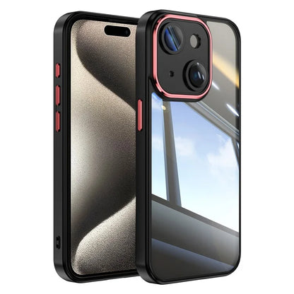 For iPhone 15 Case TPU+Acrylic Camera Protection Metal Buttons Protective Cover  /  Red