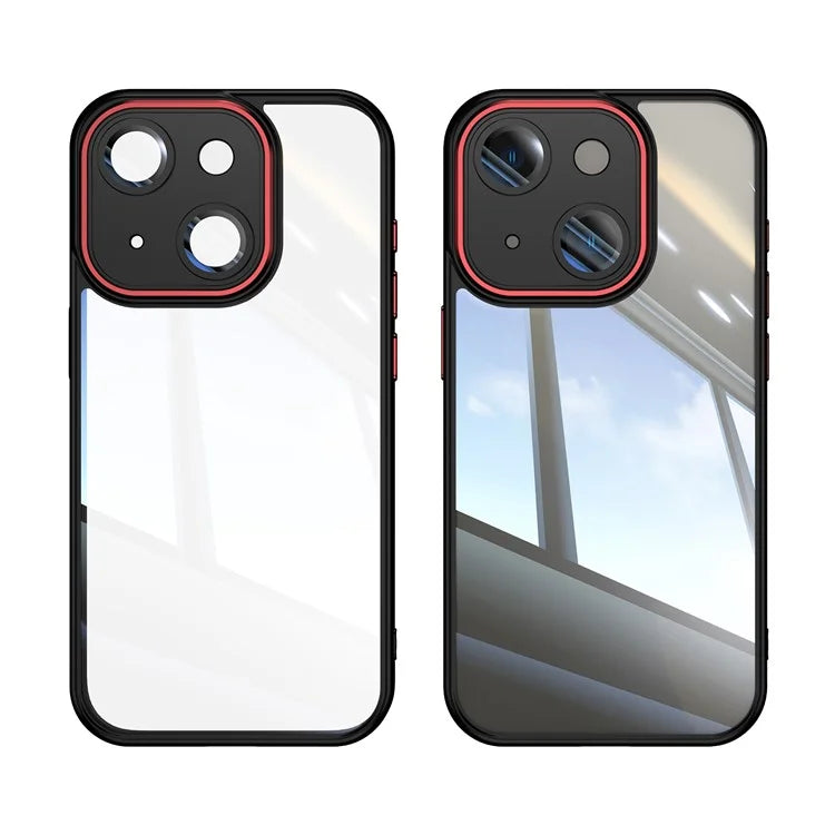 For iPhone 15 Case TPU+Acrylic Camera Protection Metal Buttons Protective Cover  /  Red