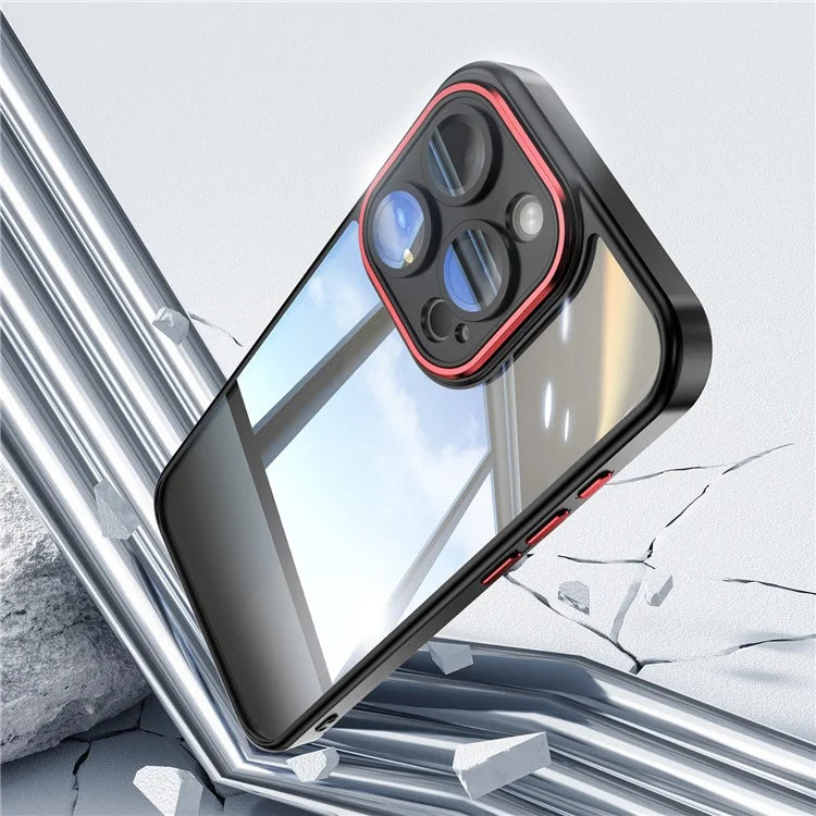 For iPhone 13 Pro Max Case Acrylic+TPU Phone Cover Metal Lens Frame Phone Protective Shell  /  Red