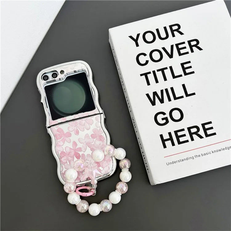 For Samsung Galaxy Z Flip5 5G TPU Case Flower Pattern Electroplated Wavy Edge Phone Back Cover with Beaded Wrist
