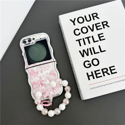 For Samsung Galaxy Z Flip5 5G TPU Case Flower Pattern Electroplated Wavy Edge Phone Back Cover with Beaded Wrist