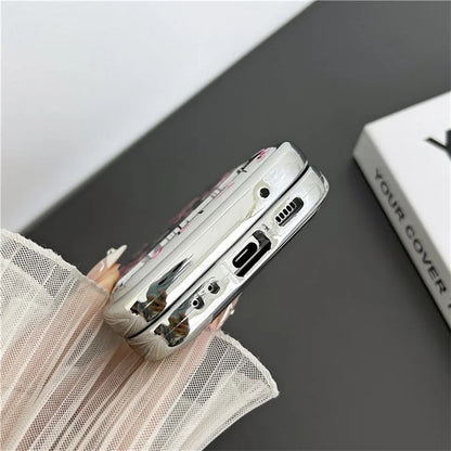 For Samsung Galaxy Z Flip5 5G TPU Case Flower Pattern Electroplated Wavy Edge Phone Back Cover with Beaded Wrist