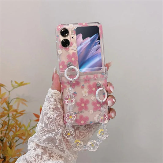 For Oppo Find N2 Flip 5G Case Flower Pattern Printing PC Phone Cover with Flower Charm Chain