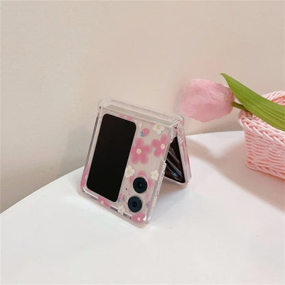 For Oppo Find N2 Flip 5G Case Flower Pattern Printing PC Phone Cover with Flower Charm Chain