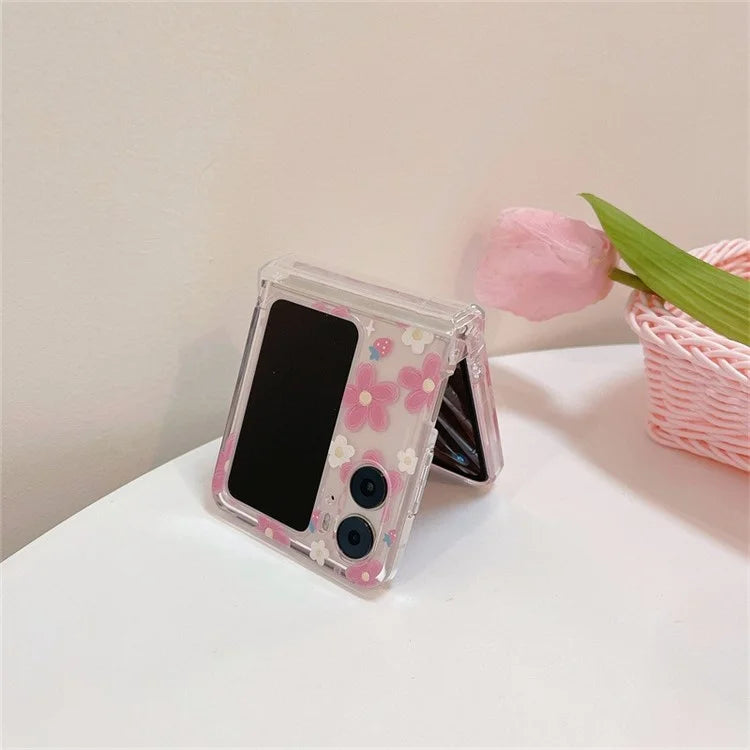 For Oppo Find N2 Flip 5G Case Flower Pattern Printing PC Phone Cover with Flower Charm Chain