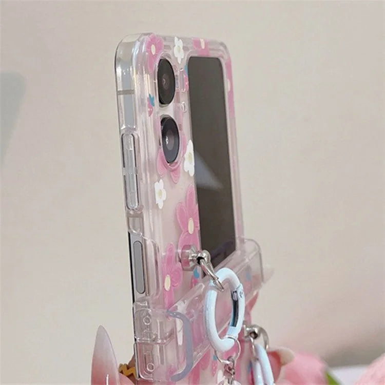 For Oppo Find N2 Flip 5G Case Flower Pattern Printing PC Phone Cover with Flower Charm Chain