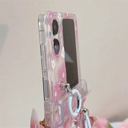 For Oppo Find N2 Flip 5G Case Flower Pattern Printing PC Phone Cover with Flower Charm Chain