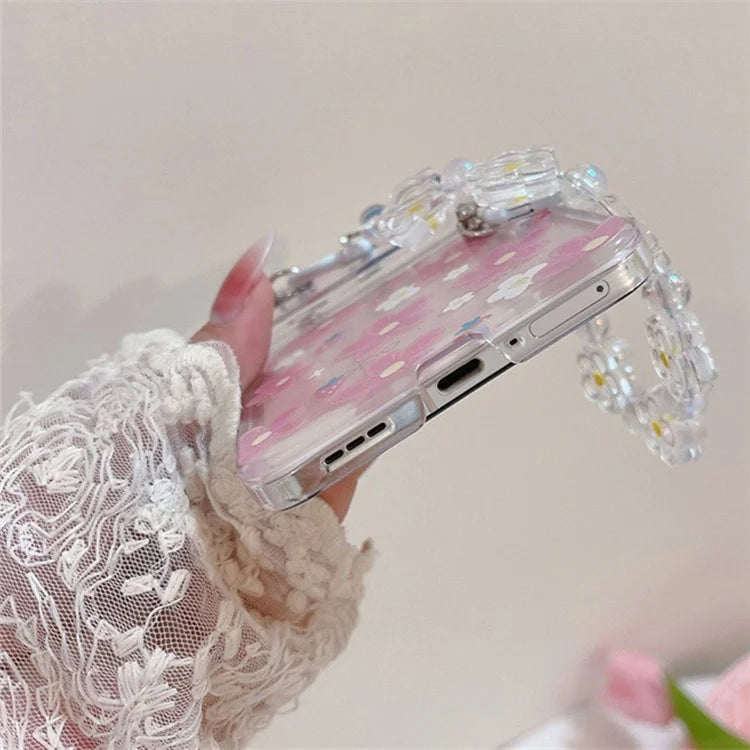 For Oppo Find N2 Flip 5G Case Flower Pattern Printing PC Phone Cover with Flower Charm Chain