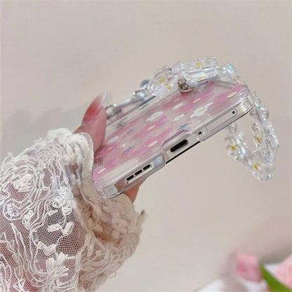 For Oppo Find N2 Flip 5G Case Flower Pattern Printing PC Phone Cover with Flower Charm Chain