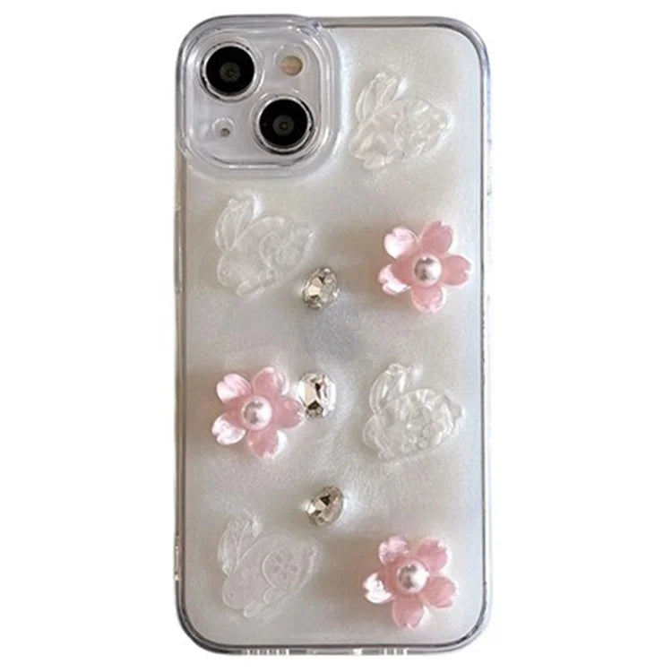 For iPhone 14 Case 3D Flower Rabbit Decor Drop Protection TPU+PC Epoxy Phone Cover