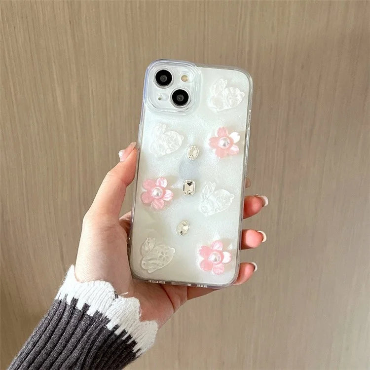 For iPhone 14 Case 3D Flower Rabbit Decor Drop Protection TPU+PC Epoxy Phone Cover