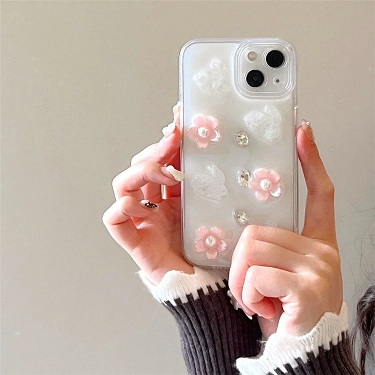 For iPhone 14 Case 3D Flower Rabbit Decor Drop Protection TPU+PC Epoxy Phone Cover