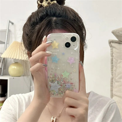 For iPhone 15 Case Quicksand Colorful Stars Glitter Powder TPU Anti-Drop Phone Cover