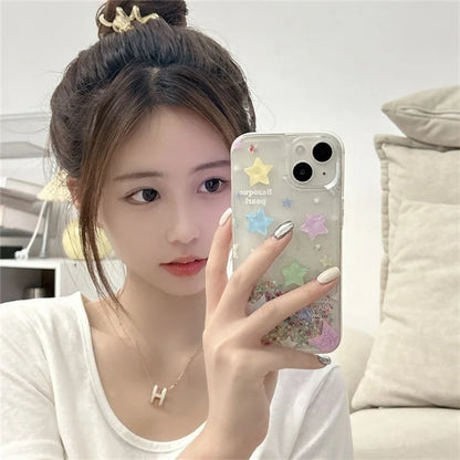 For iPhone 15 Case Quicksand Colorful Stars Glitter Powder TPU Anti-Drop Phone Cover