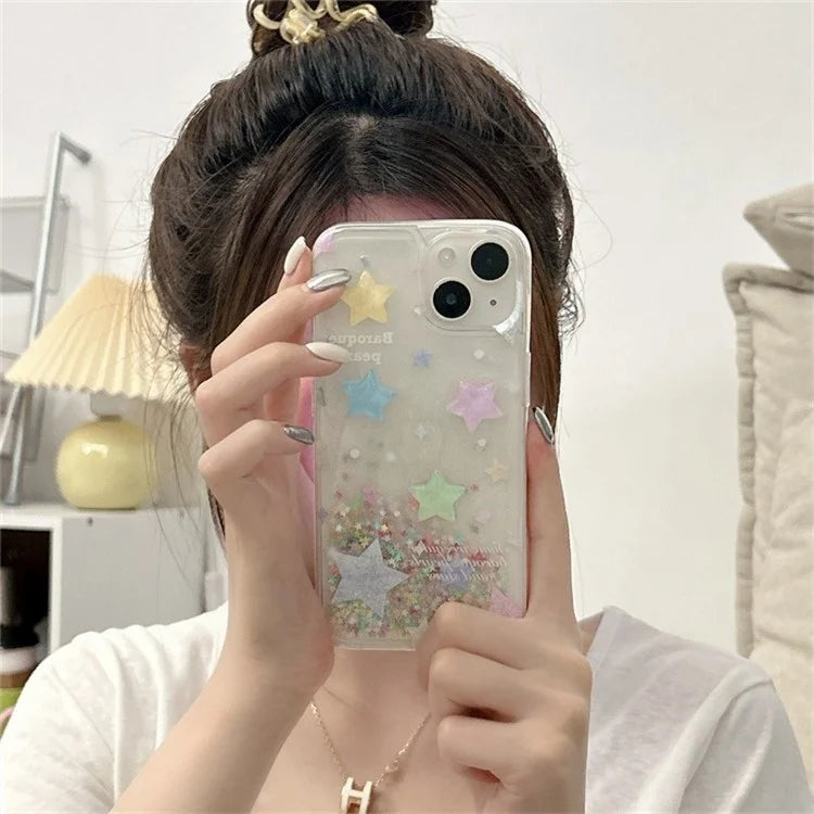 For iPhone 14 Case Quicksand Colorful Stars Glitter Powder TPU Shockproof Phone Cover