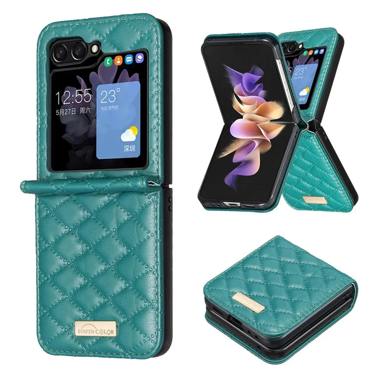 BINFEN COLOR For Samsung Galaxy Z Flip6 5G Case Rhombus PU Leather Folding Phone Cover