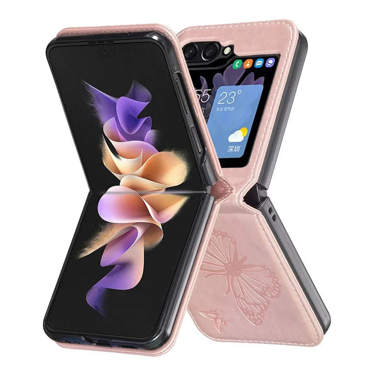 For Samsung Galaxy Z Flip6 5G Case Butterfly Pattern PU Leather + PC Anti-Scratch Phone Cover Gold
