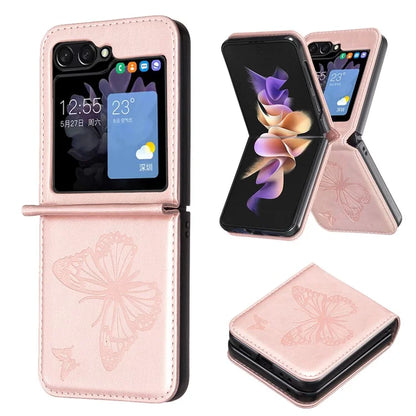For Samsung Galaxy Z Flip6 5G Case Butterfly Pattern PU Leather + PC Anti-Scratch Phone Cover Gold