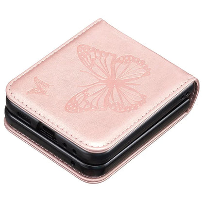 For Samsung Galaxy Z Flip6 5G Case Butterfly Pattern PU Leather + PC Anti-Scratch Phone Cover Gold