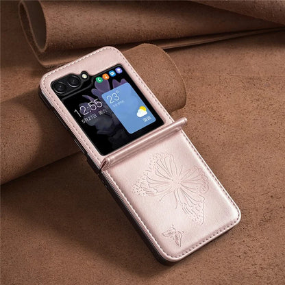 For Samsung Galaxy Z Flip6 5G Case Butterfly Pattern PU Leather + PC Anti-Scratch Phone Cover Gold