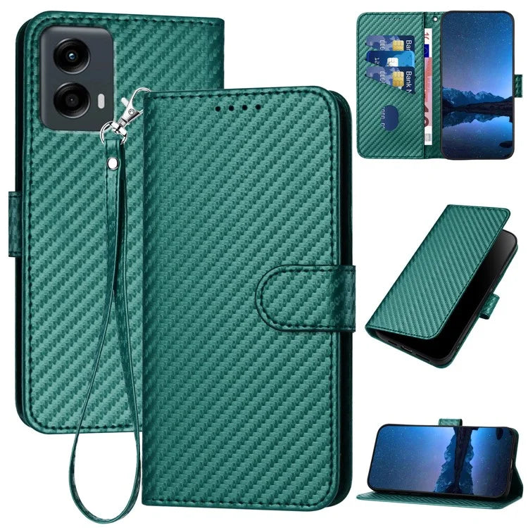 YX0070 For Motorola Moto G 5G (2024) Stand Case Carbon Fiber Texture Leather Phone Coverish Green