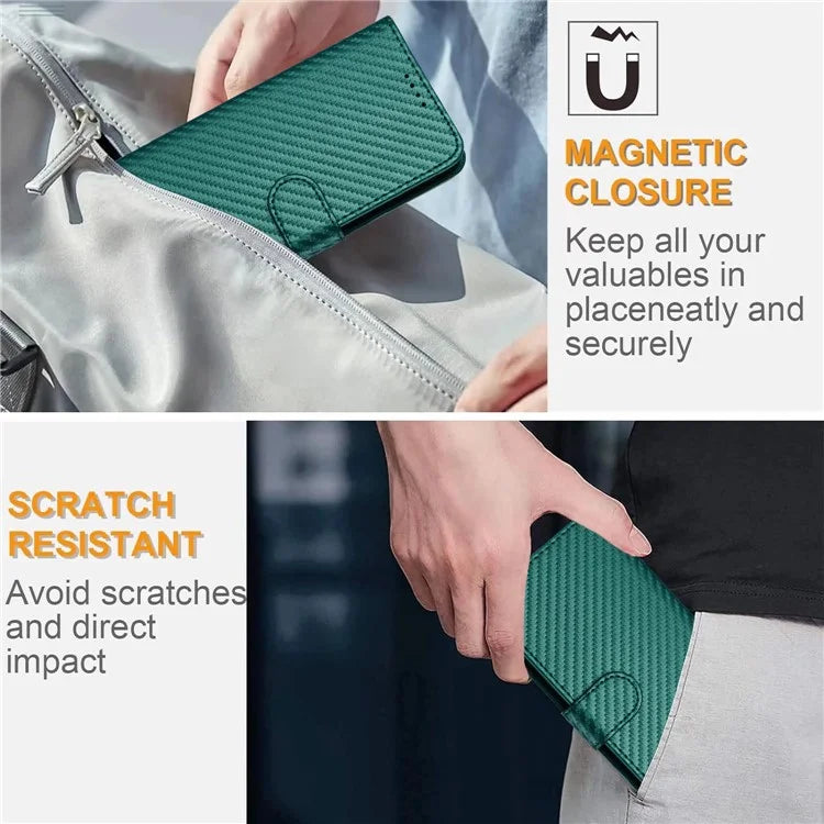 YX0070 For Motorola Moto G 5G (2024) Stand Case Carbon Fiber Texture Leather Phone Coverish Green